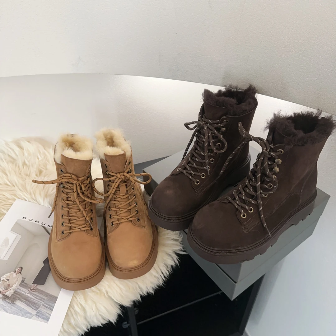 素陌冬季澳洲羊皮毛一体英伦短靴雪地靴厚底马丁靴保暖棉鞋6072