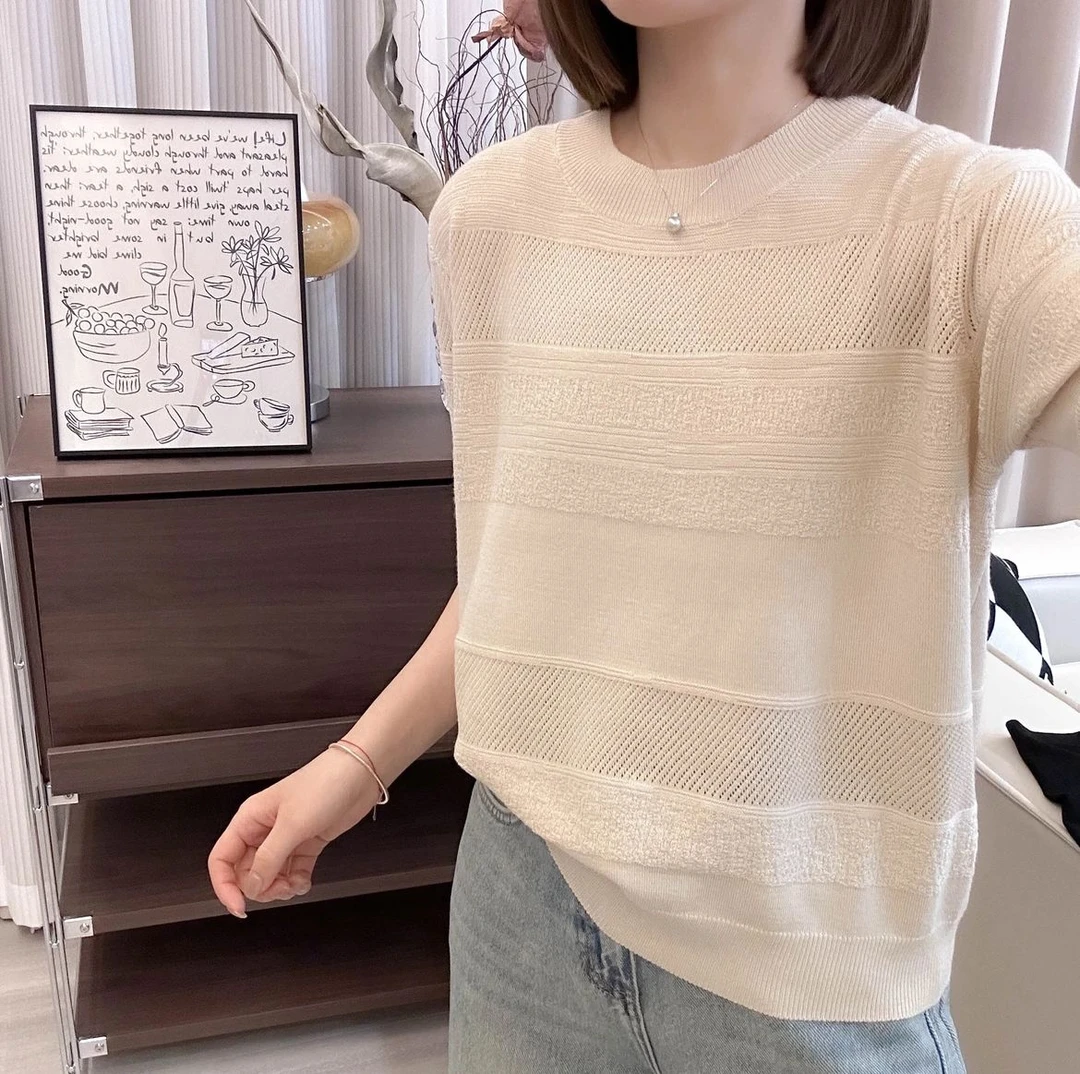 镂空乱花纯色条纹短袖圆领针织夏季新款上衣宽松韩版气质百搭T恤