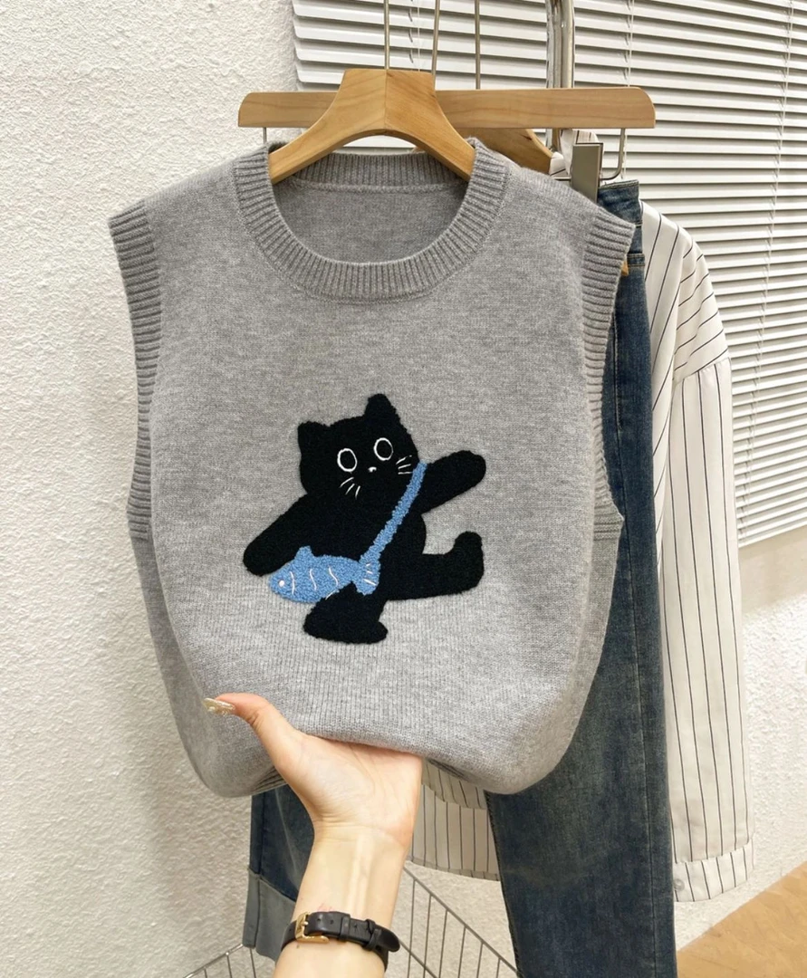 可爱减龄秋款针织毛衣马甲背心女经典刺绣小猫时尚百搭内搭马夹秋