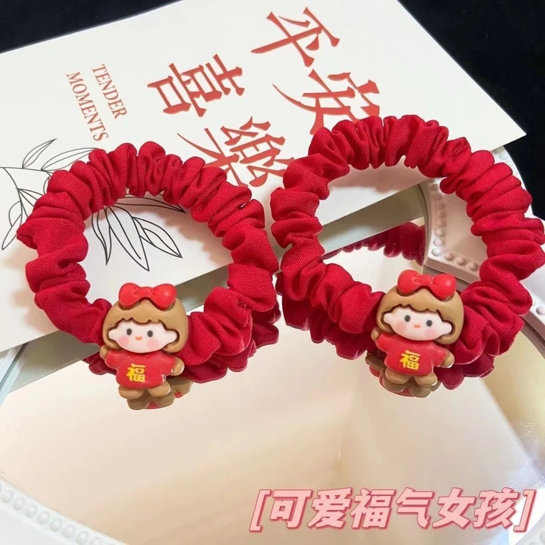 新年红色可爱福气女孩发绳过年头绳头饰儿童发圈卡通少女学生发饰