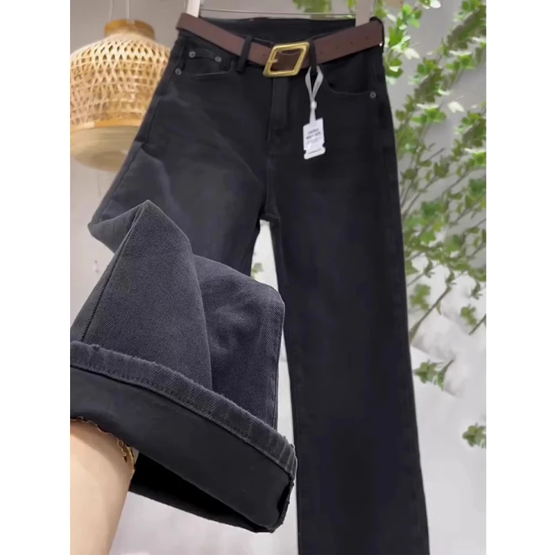 2024年秋冬加绒黑灰色阔腿直筒牛仔裤女高腰宽松显瘦胖妹妹拖地裤