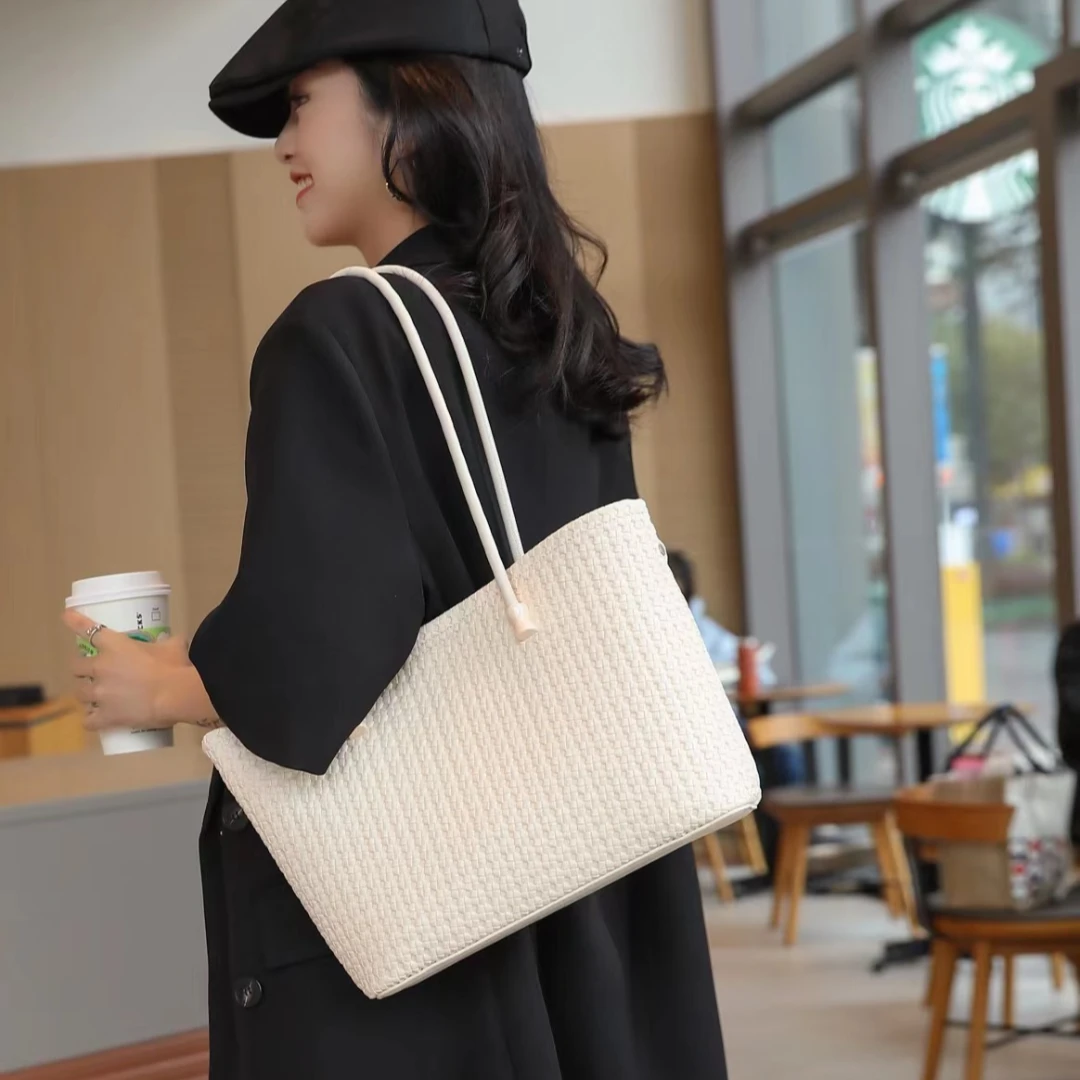 【TY】QYX-1896-米白高级花纹编织大托特单肩女包