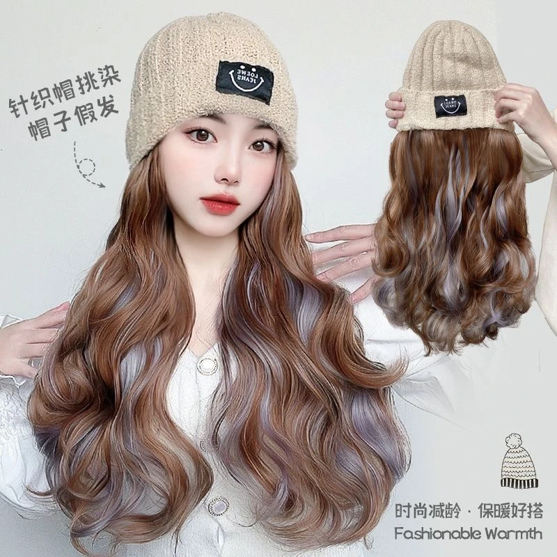 2025假发帽子一体女挑染针织假发帽子卷发仿真人发一体式连帽假发