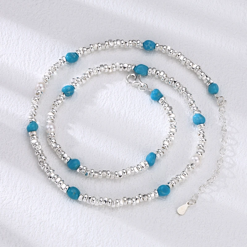 链子925银 手工银绿色隔珠项链 流行长款毛衣链