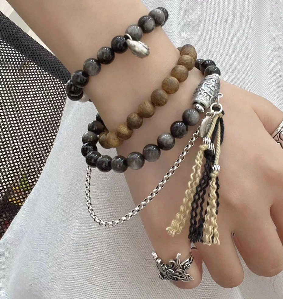 925银手链 SL032手工银多层流苏黑圆珠手链 流行女士民族风手链