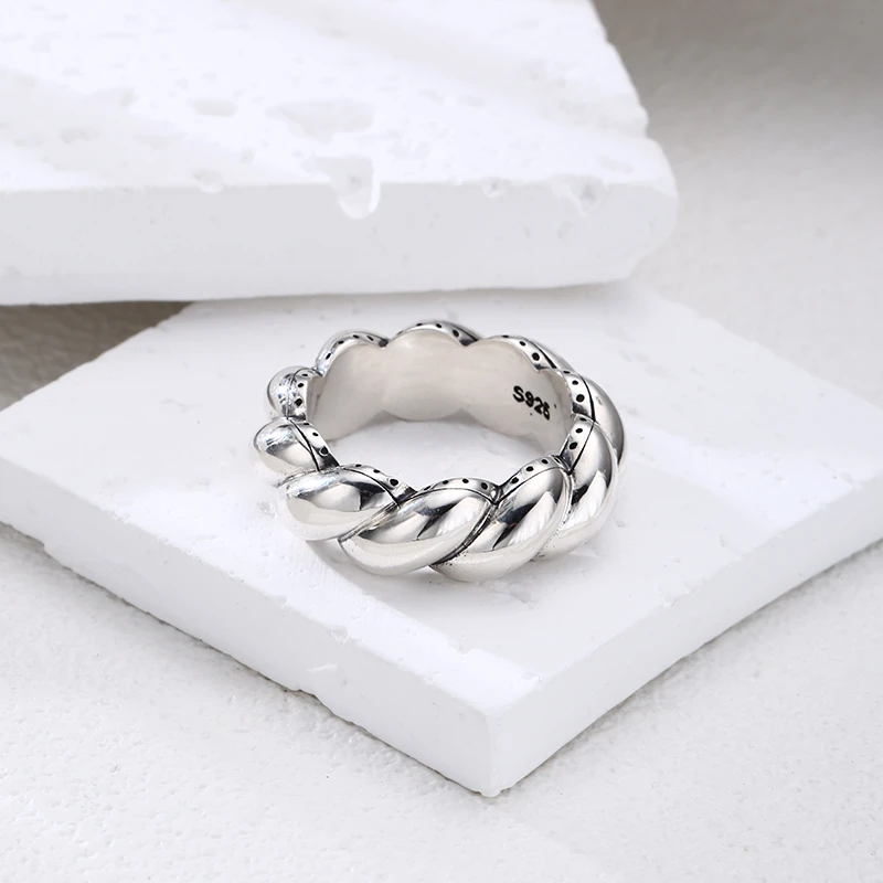 925银戒指 s925纯银 重工闭口 粗麻花戒指简约个性戒指 流行首饰