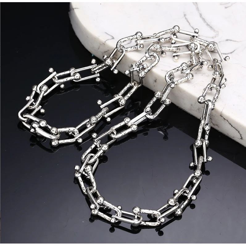 链子925银 XL56涂鸦马蹄项链 流行长款毛衣链