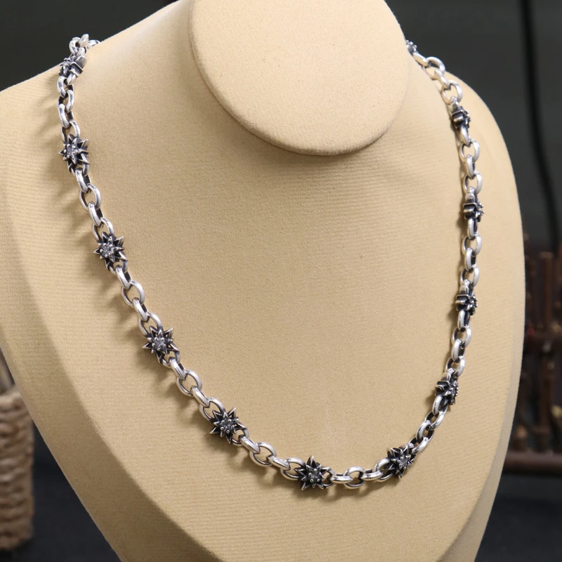 链子925银 XL60白钻五角星拼接项链 流行长款毛衣链