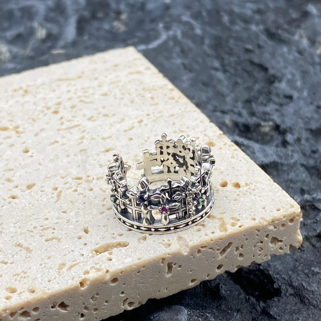 925银戒指 十字城堡戒指 男女同款开口戒指