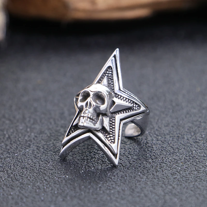 925银戒指 宽面五角星骷髅戒指 男女同款开口戒指
