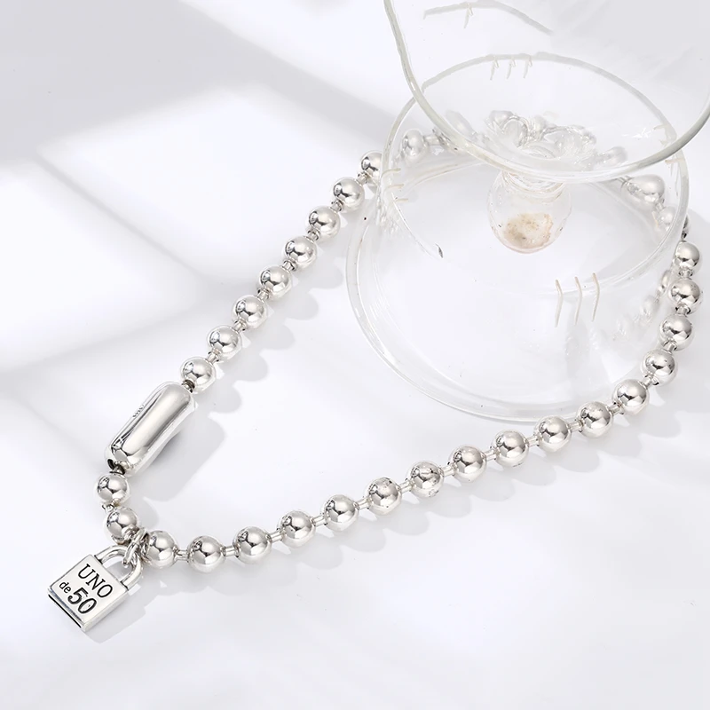 链子925银 精工银珠锁头8mm圆珠项链 流行长款毛衣链