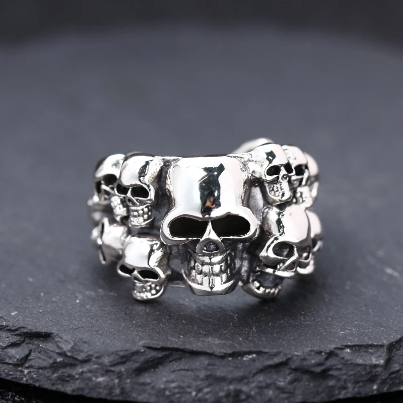 925银戒指 光面宽版骷髅头戒指 男女同款开口戒指