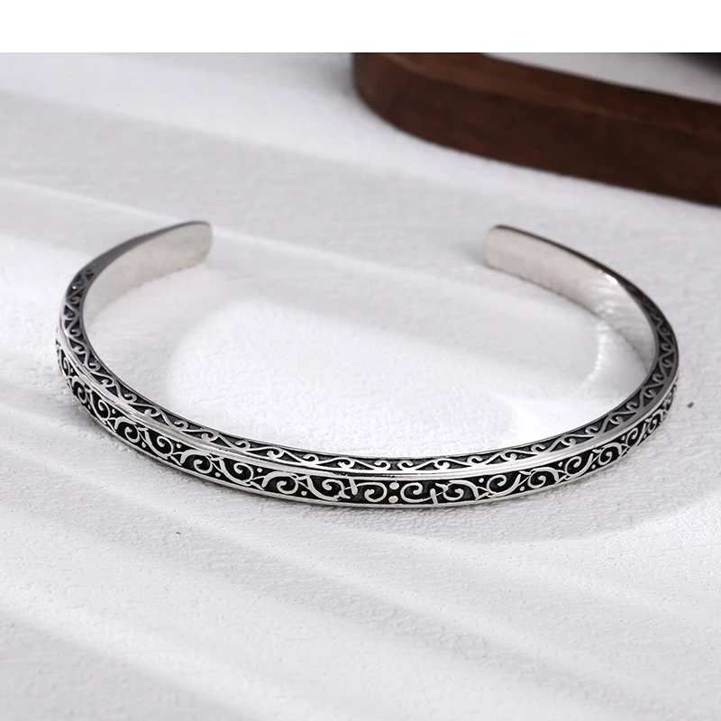 925银手镯 民族风复古唐草纹开口手镯 男女同款流行饰品