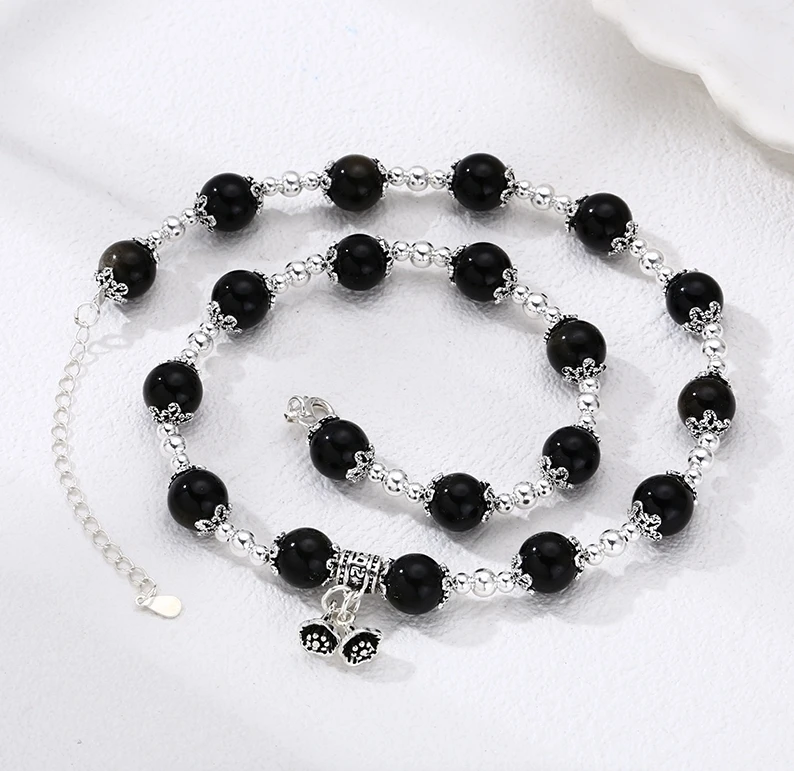 925银手链 SL044渐变银珠黑圆珠项链手链 男女同款手链