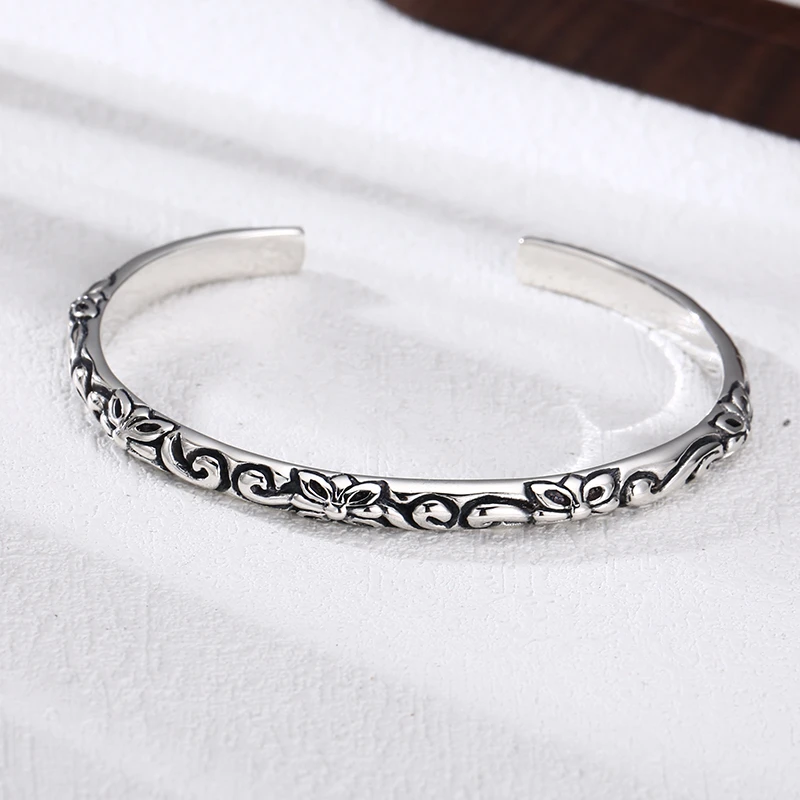 925银手镯 手工银十字花开口唐草纹手镯 男女同款流行饰品