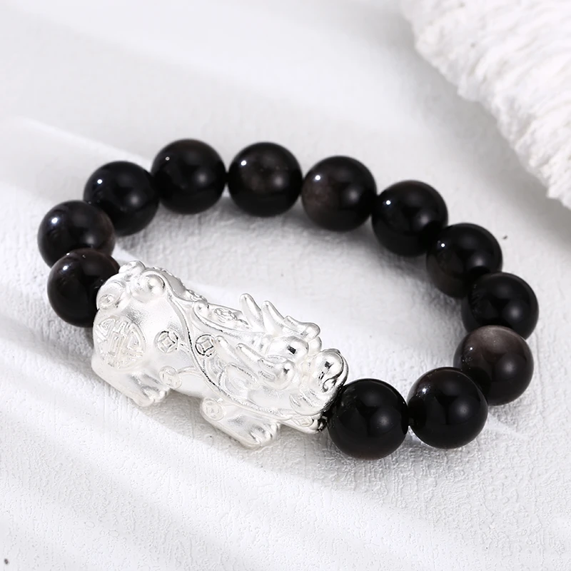足银手链 黑圆珠素银貔貅手链 流行女士韩版手链
