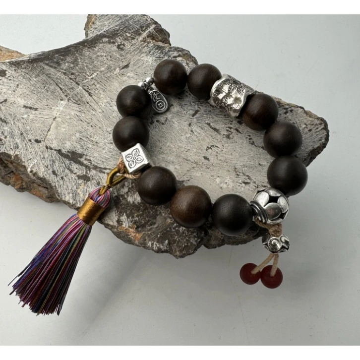 925银手链 手工花坠银隔珠流苏木圆珠手链 流行女士彩虹手链