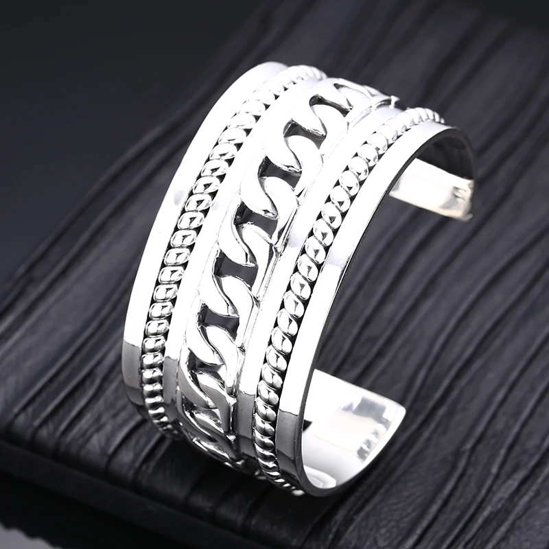 925银手镯 宽面链条开口手镯 男女同款流行饰品