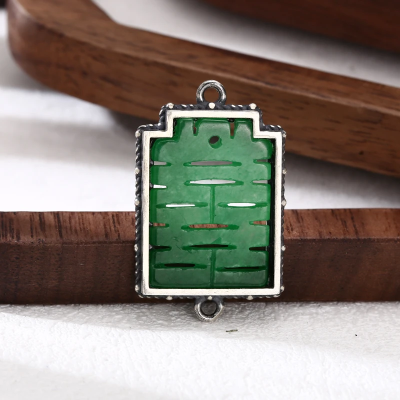 吊坠925银 手工银绿色双喜吊坠 百搭项链流行挂坠