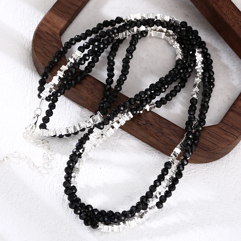 链子925银 碎银子渐变珠多层黑尖尖项链 流行女士锁骨颈链