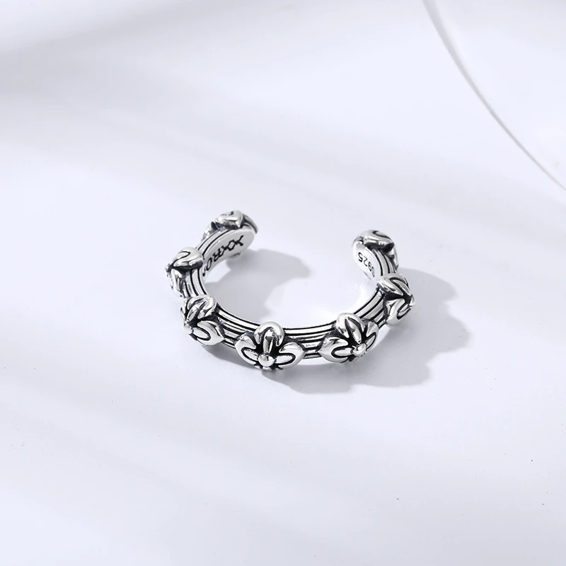 925银戒指 简约十字花戒指 男女同款开口戒指