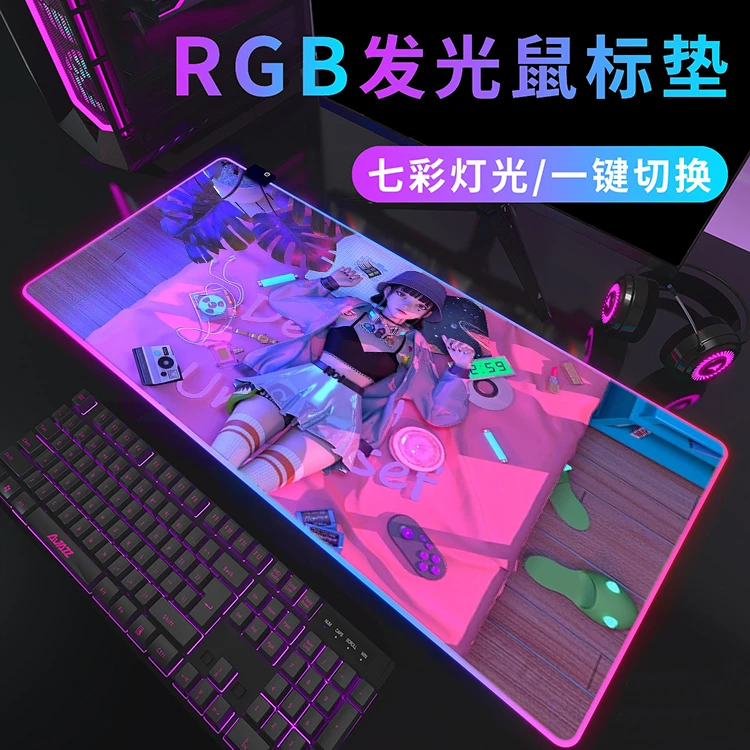 集原美RGB发光鼠标垫赛博朋克电竞炫彩桌垫天然橡胶超大护腕垫新