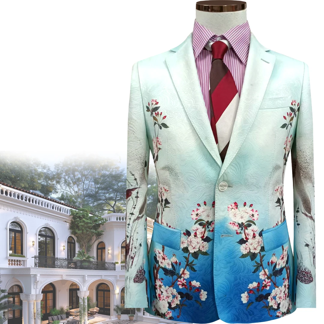 UDLY/优定良衣【单西】浅蓝色梅花提花面料时尚个性男士形象款