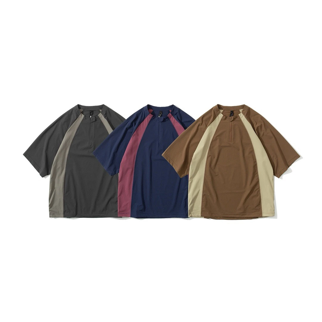 夏季男士宽松半拉链拼色轻量化户外T恤下摆抽绳运动上衣