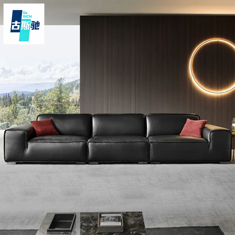 真皮中古风别墅真皮沙发零靠墙客厅家用直排头层牛皮大黑牛沙发