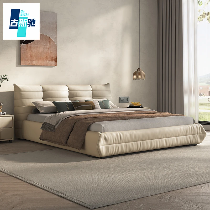 真皮毛毛虫床网红款北欧双人卧室主卧拉扣软包床意式侘寂风皮艺床