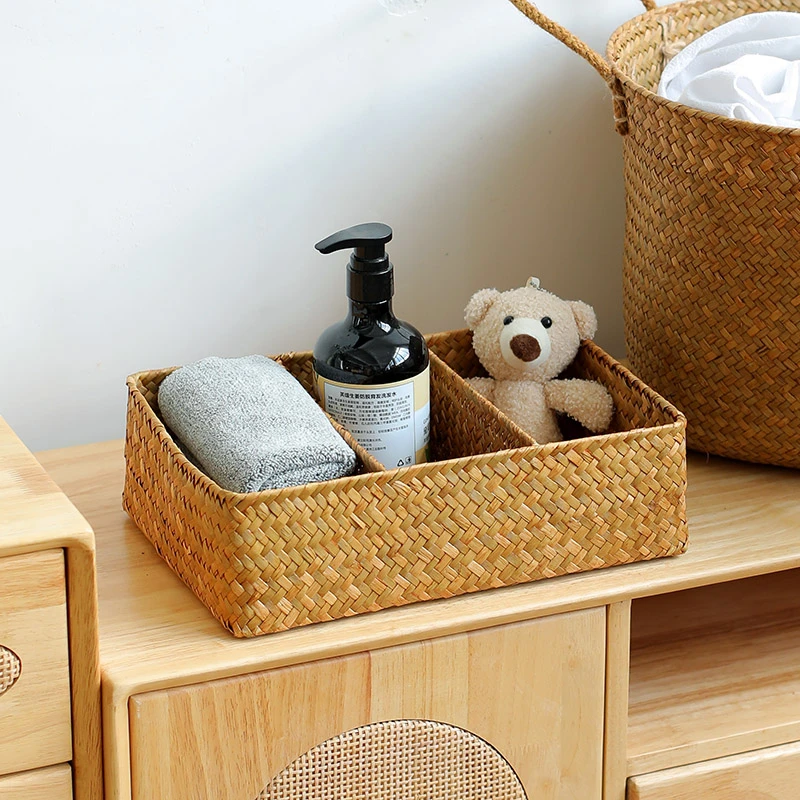 Kens日式草编客厅茶几遥控器零食整理盒分格茶具化妆品文具收纳筐