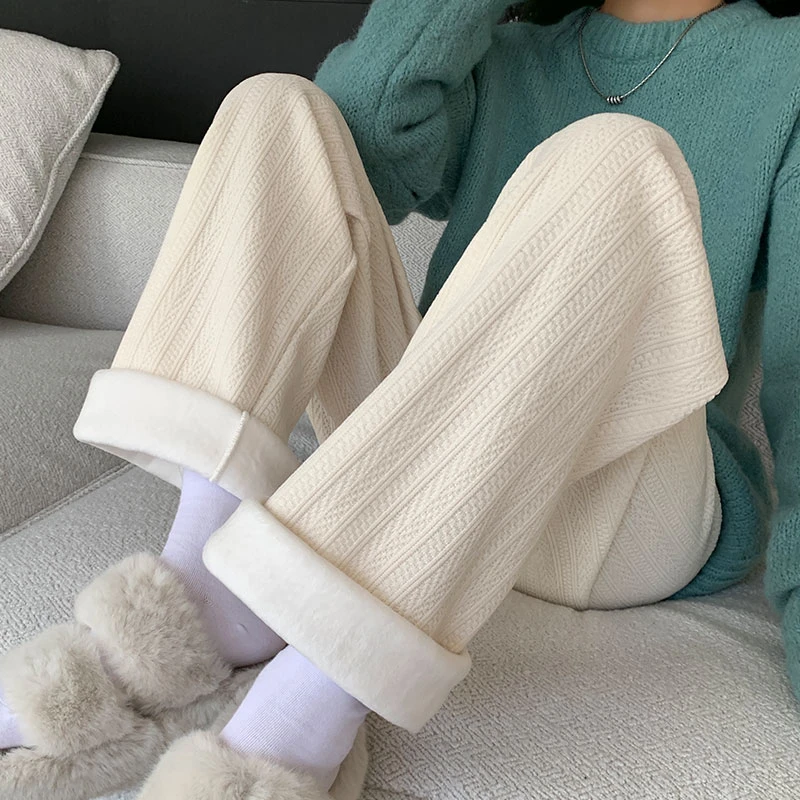 口袋款麦穗纹雪尼尔阔腿裤女裤子窄版秋冬季加厚直筒休闲加绒裤