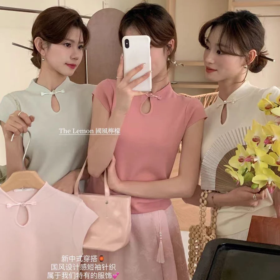 短袖女装针织新中式夏季国风修身设计感8