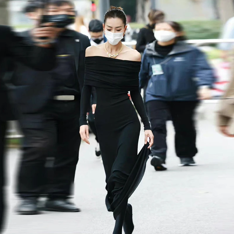 INSTUNNING大表姐同款一字肩修身长袖连衣裙高级感包臀鱼尾长裙潮