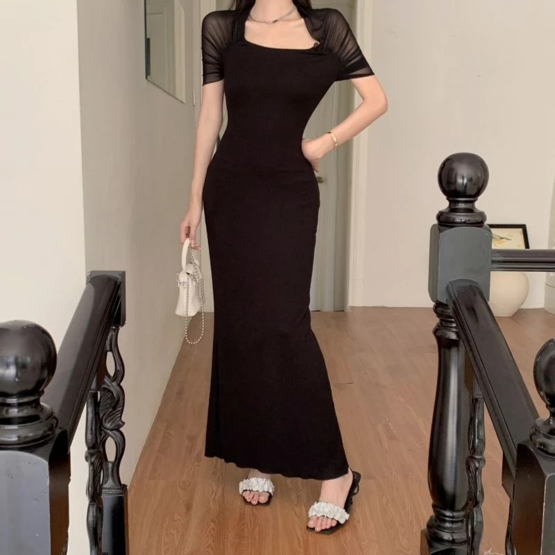 INSTUNNING黑色网纱拼接挂脖连衣裙女收腰显瘦辣妹包臀短裙后妈裙