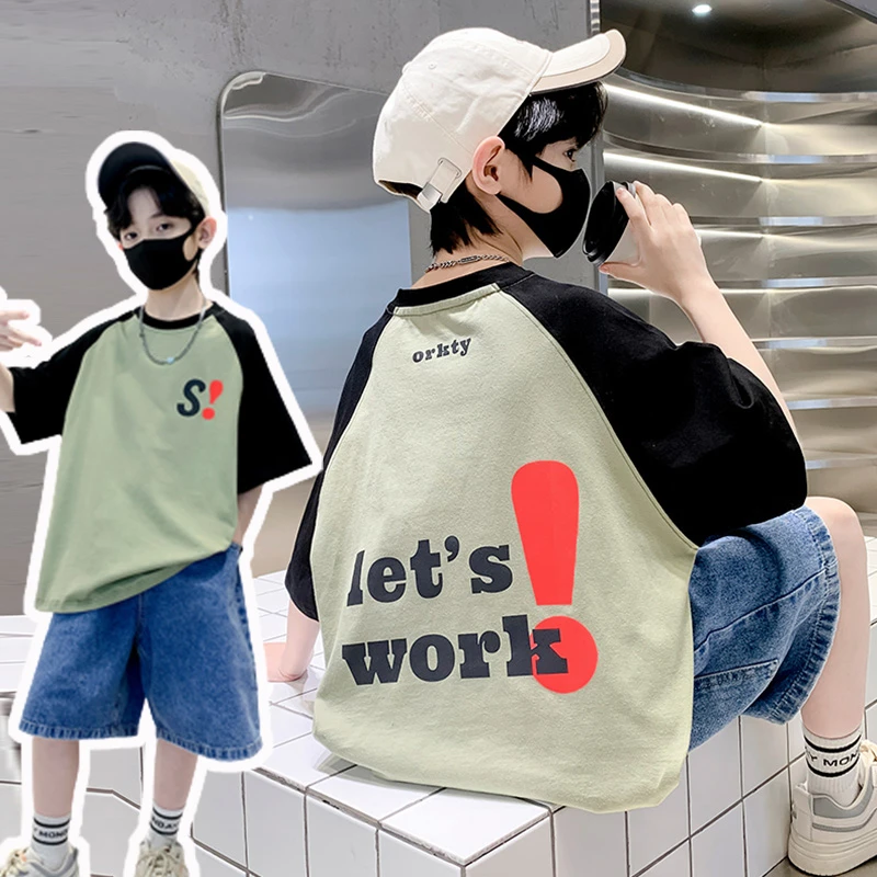 男童纯棉插肩袖短袖t恤夏季印花童装儿童中大童圆领拼色时尚上衣