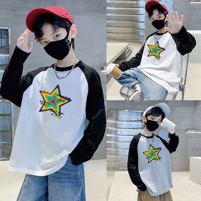 男童插肩春秋季2025年新款儿童装长袖T恤中大童潮牌秋装印花上衣