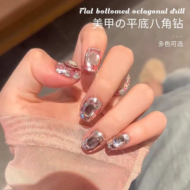 网红新款k9美甲钻超闪香槟银色平底大长八角指甲钻美甲装饰饰品钻