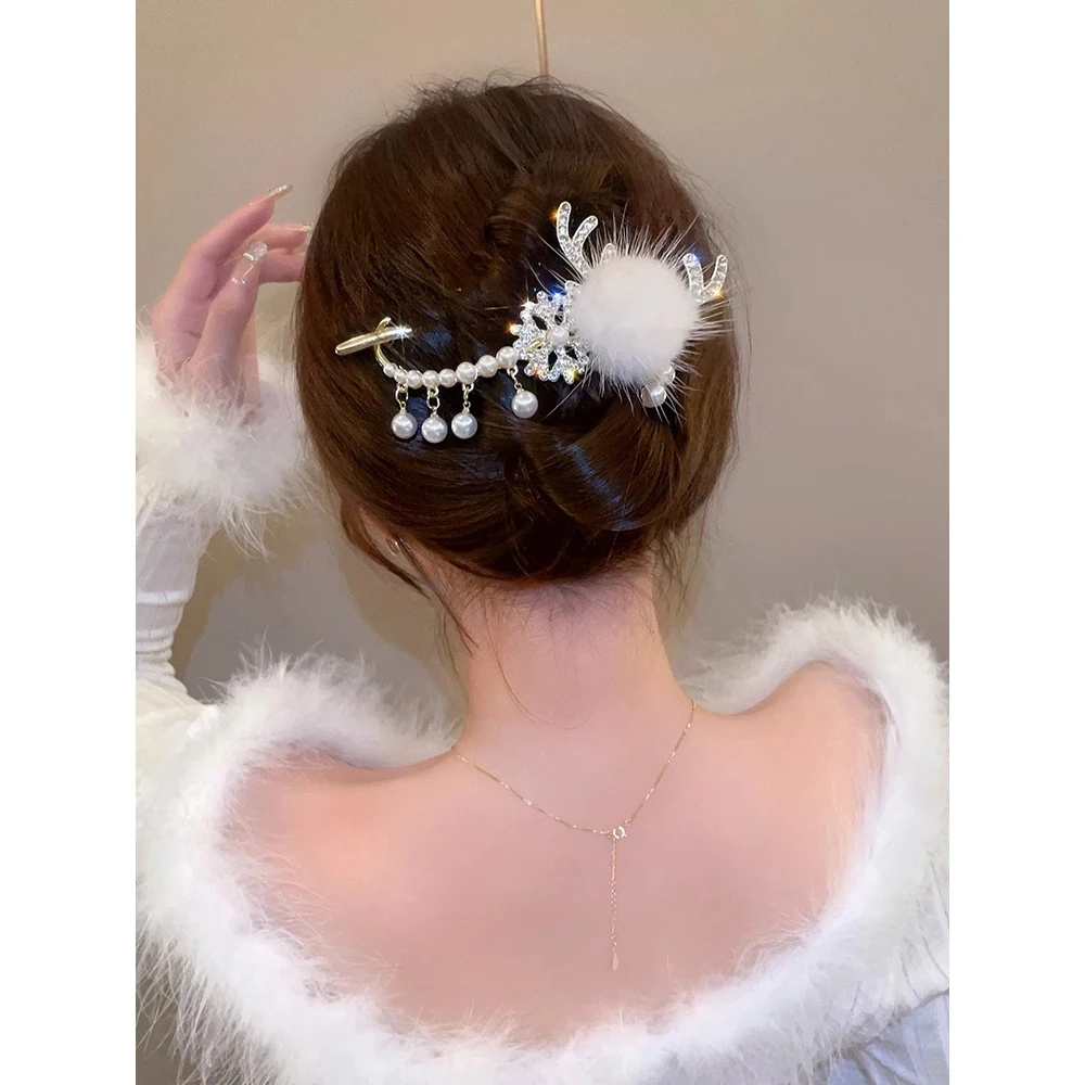 毛球麋鹿角气质雪花扭扭夹女后脑勺盘发优雅超仙百搭一字夹发扣