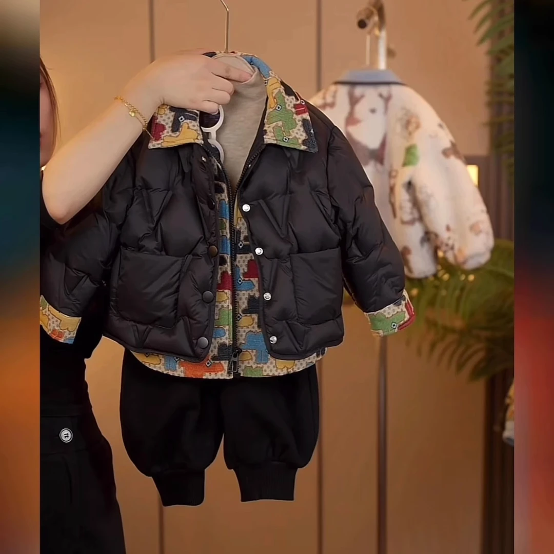 儿童假两件棉服2025新款冬季男童卡通棉衣女童加厚保暖棉服外套