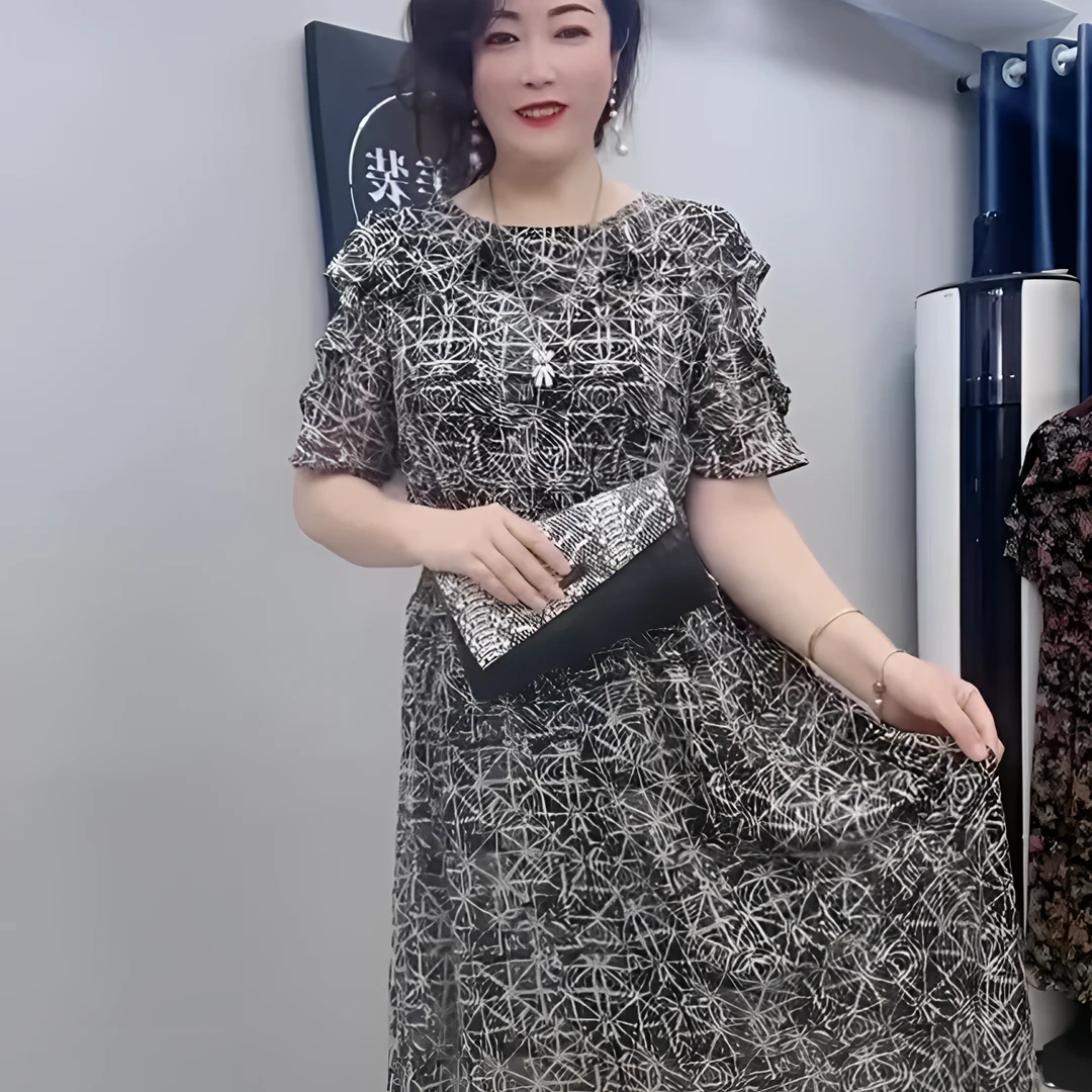 【彩依】亿佰丽登琦8073#宽松连衣裙气质长款洋气印花圆领收腰碎花