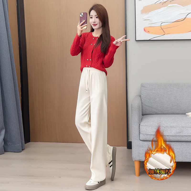 秋冬季外穿阔腿裤女加绒加厚高腰显瘦直筒裤保暖宽松大码休闲裤子