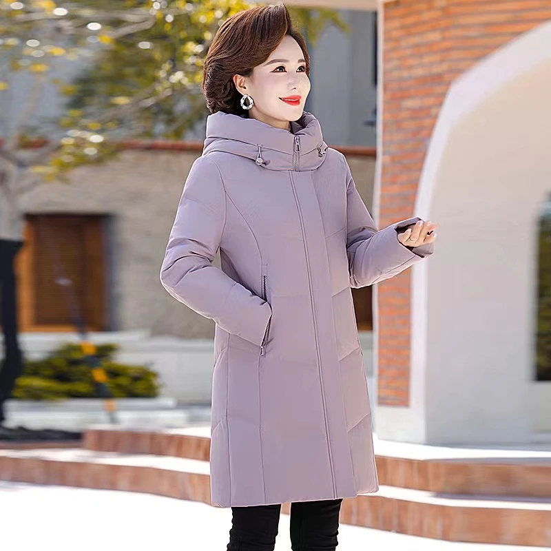妈妈棉服中长款加厚保暖修身中年大码妈妈装时尚连帽冬季新款棉衣