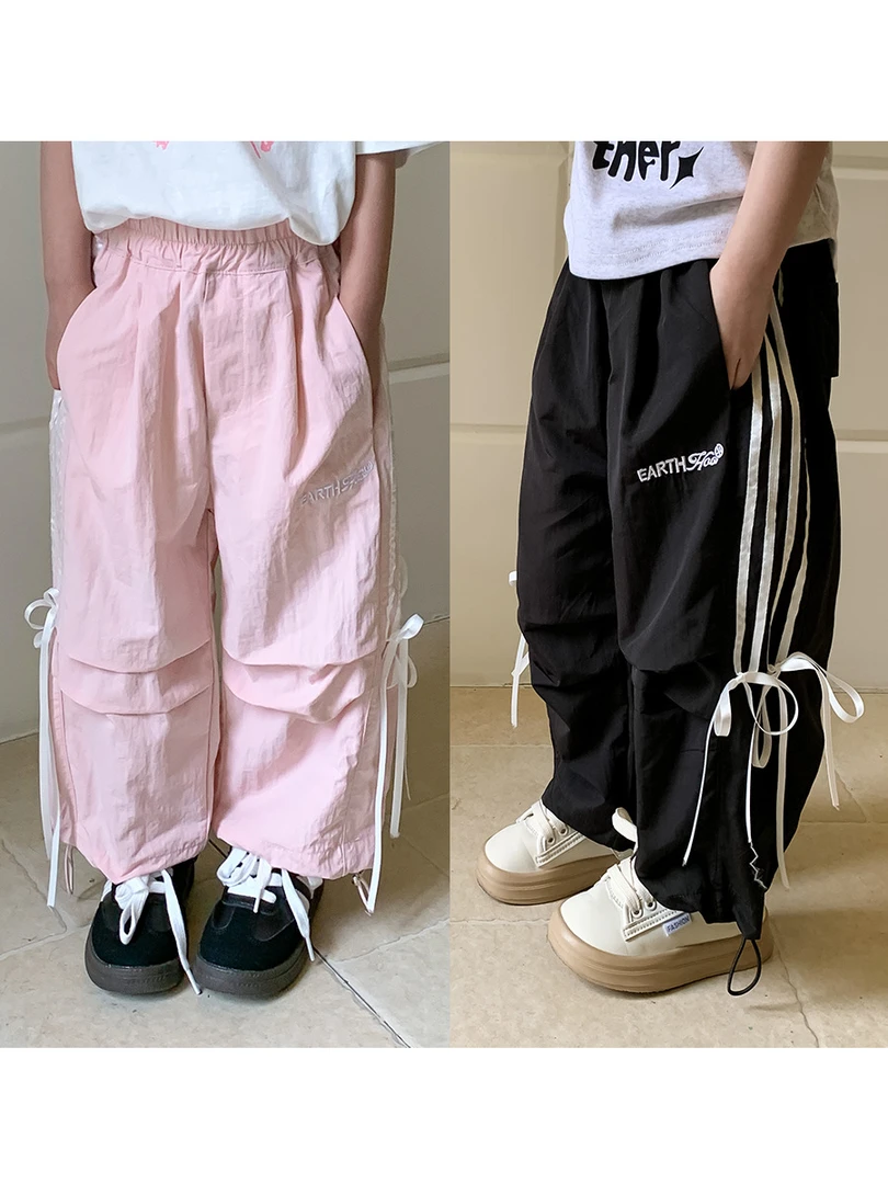 Bmy2024sp 夏季新款韩版女童蝴蝶结工装九分裤薄款透气阔腿伞兵裤