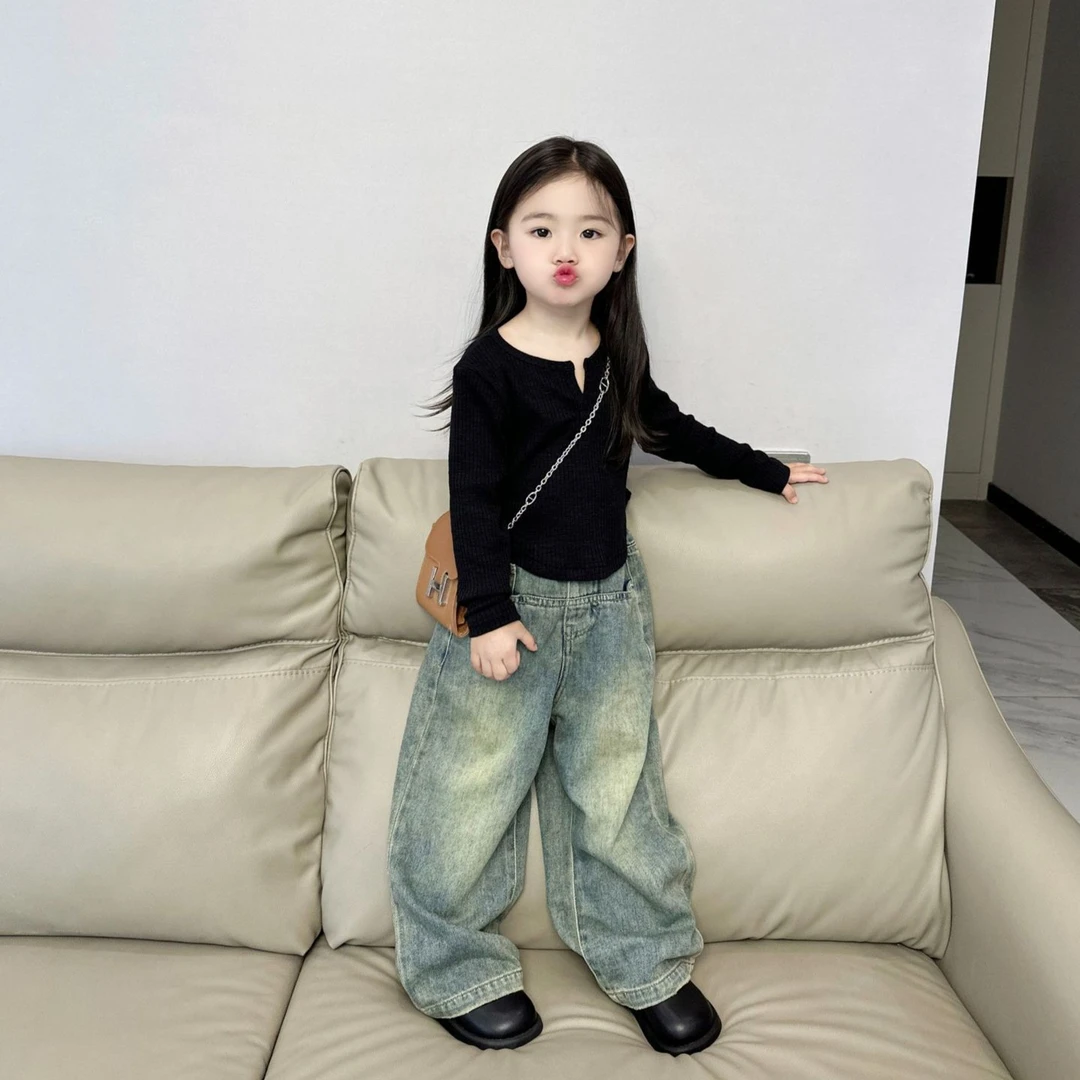 Bmy2023at 秋款“巴黎街头”女童打底衫长袖上衣儿童韩版开领T恤衫