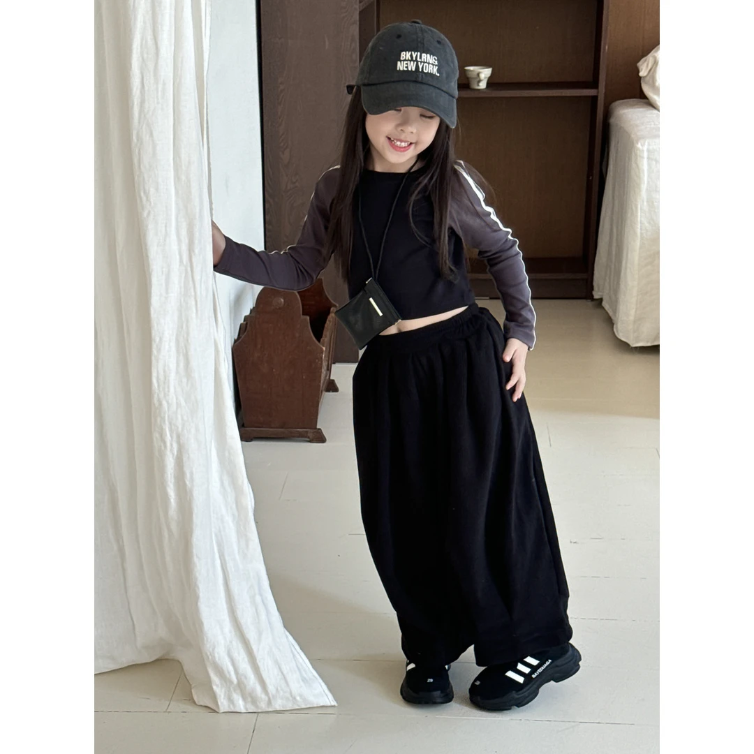 Bmy2024at 女童秋季新款美式复古插肩拼接打底纯色阔腿灯笼裤套装