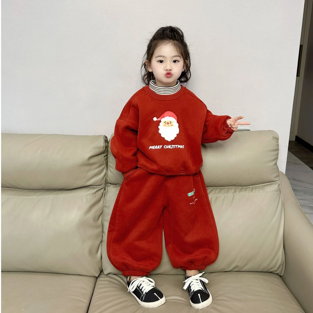 Bmy2023wt 秋冬款韩版女童装加绒加厚圣诞套装卫衣卫裤三件套