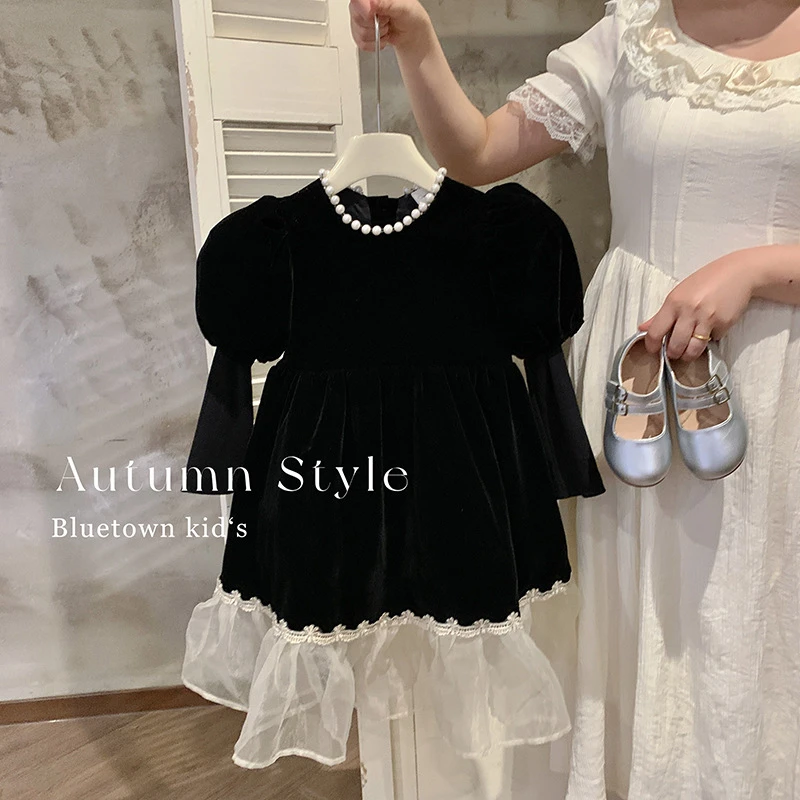 Bmy2022at 冬装女童公主裙洋气赫本风黑色连衣裙儿童宝宝礼服裙子