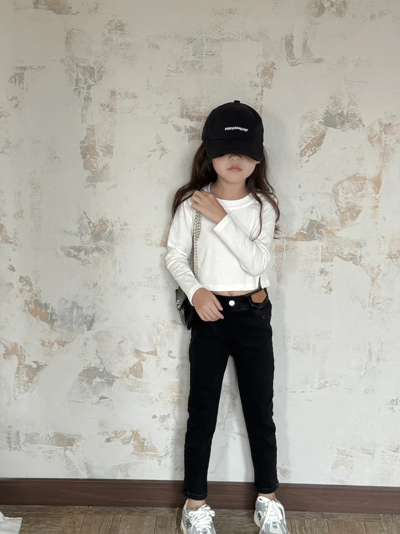 Bmy2024at 女童秋季新款短款打底衫设计感T恤弹力修身牛仔裤套装