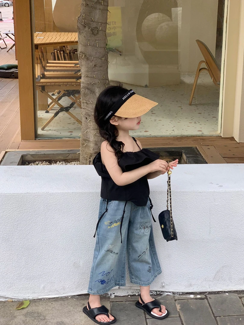 Bmy2024sp 女童吊带衫夏季新款甜美风背心复古彩色涂鸦牛仔裤套装